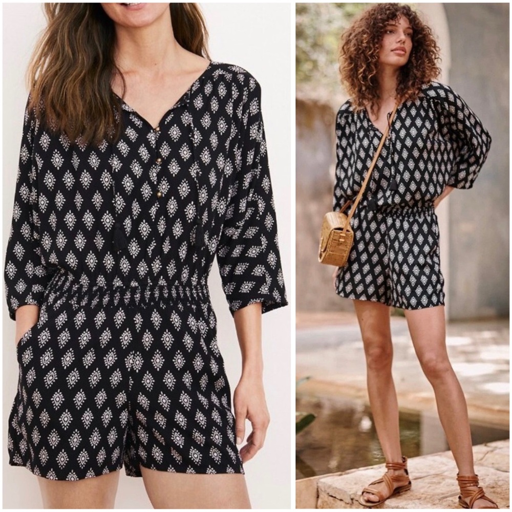 GARNET HILL Lightweight Block Printed Boho Casual Romper Size L Summer Travel
